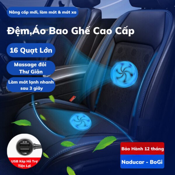 Đệm Ghế Ô Tô Làm Mát Ô Tô, Áo Ghế Điều Hòa 16 Quạt Siêu Mát tích hợp massage Lưng Cao Cấp, Chất Liệu êm ái, thông thoáng