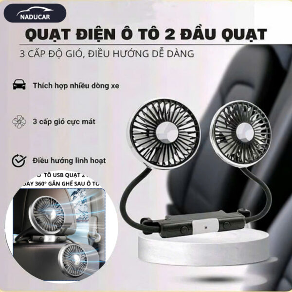 Quạt ÔTô Làm Mát Ghế Sau, Chân USB Quạt 2 Đầu Xoay 360° gắn ghế, Điều chỉnh - Tốc Độ Dễ Dàng - Chất liệu Bền - NADUCAR