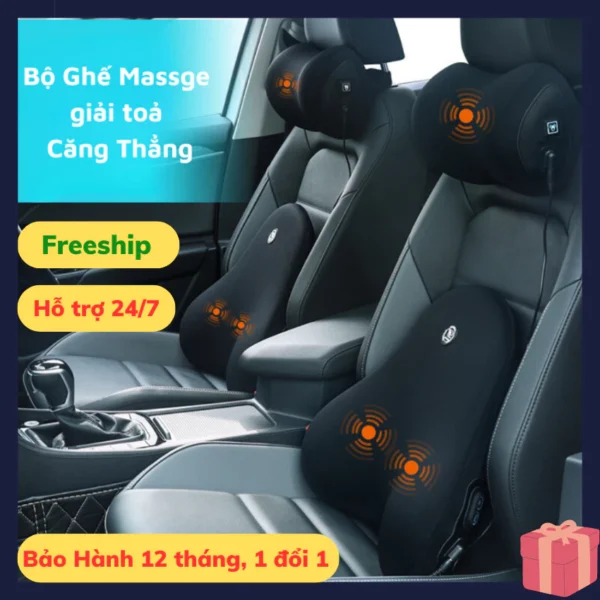 Combo Gối Tựa Đầu Và Tựa Lưng Ô Tô Tích Hợp Massage 6 Chế Độ,3 cường độ có thể điều chỉnh. Gối Tựa Cao Su Non, Giảm Đau Mỏi Cổ Vai Và Cột Sống